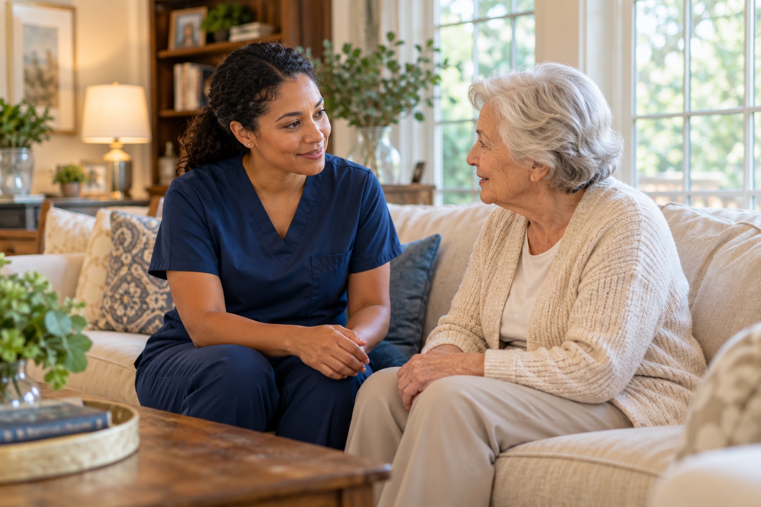 A home care nurse speaking attentively with an older adult in her home